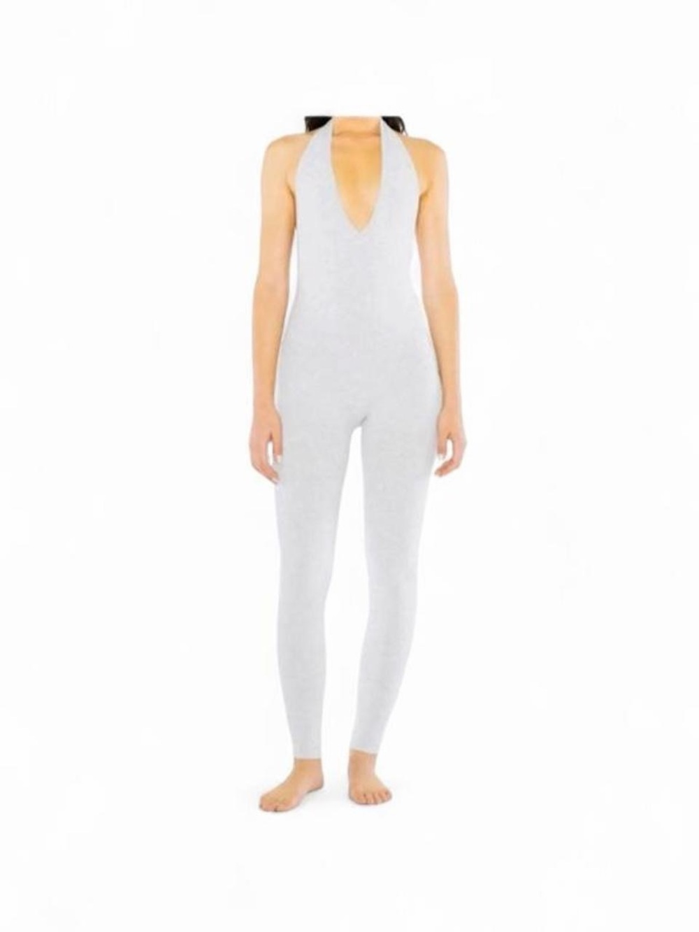 American Apparel Deep V Halter Jumpsuit Bodysuit in Heather Grey